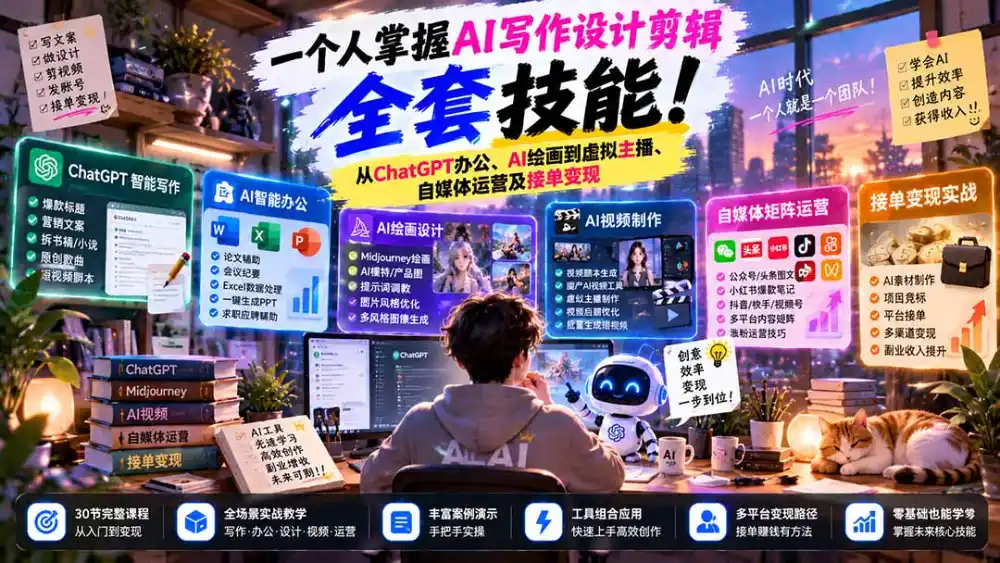 一个人掌握AI写作设计剪辑全套技能：从ChatGPT办公、AI绘画到虚拟主播、自媒体运营及接单变现-资源分享