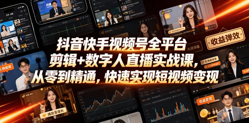 抖音快手视频号全平台剪辑+数字人直播实战课，从零到精通，快速实现短视频变现(更新2026年6月)-资源分享
