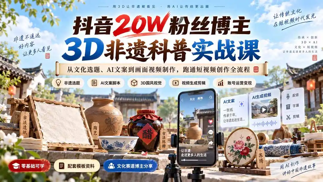 抖音20W粉丝博主3D非遗科普实战课：从文化选题、AI文案到画面视频制作，跑通短视频创作全流程-资源分享