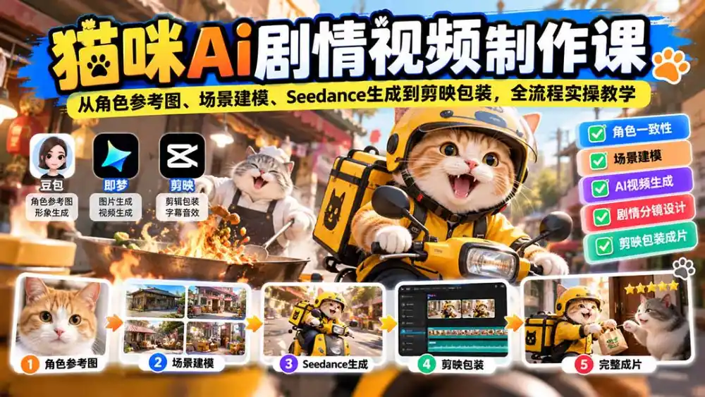 猫咪AI剧情视频制作课：从角色参考图、场景建模、Seedance生成到剪映包装，全流程实操教学-资源分享