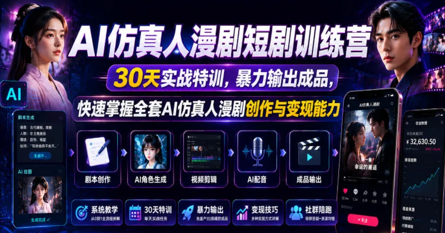 AI仿真人漫剧训练营：30天实战特训，快速掌握创作变现能力 - 轻创方舟-资源分享