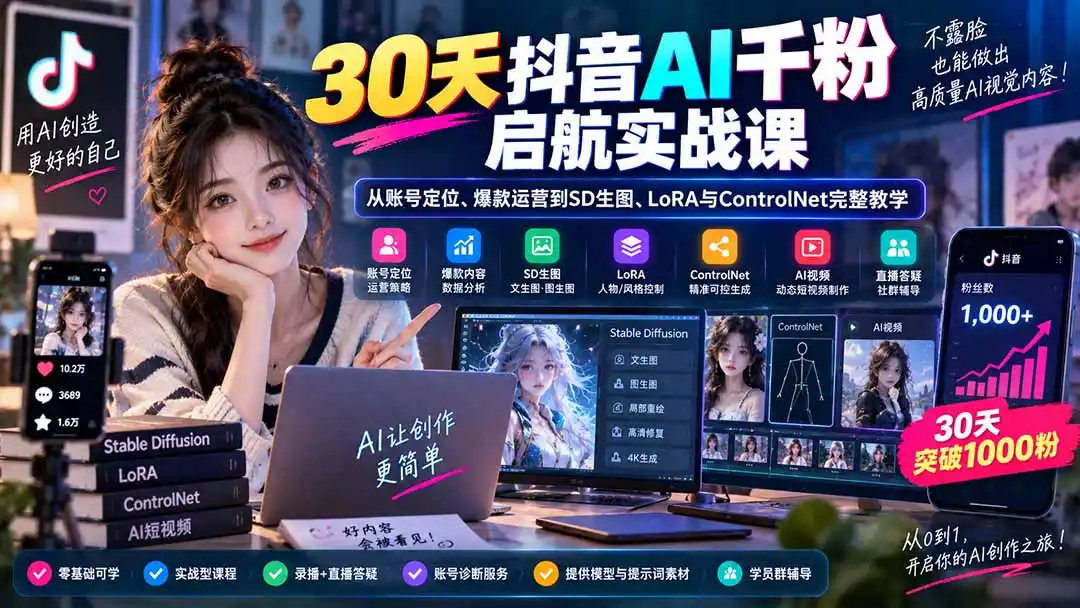 30天抖音AI千粉启航实战课：从账号定位、爆款运营到SD生图、LoRA与ControlNet完整教学-资源分享