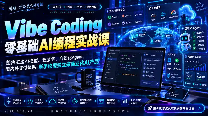 Vibe Coding零基础AI编程实战课-无水印，整合主流AI模型、云服务、自动化Agent、海内外支付体系，新手也能独立做商业化AI产品-资源分享