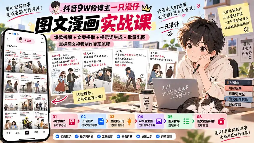 抖音9W粉博主一只漫仔图文漫画课：爆款拆解+文案提取+提示词生成+批量出图，掌握图文视频制作变现流程-资源分享