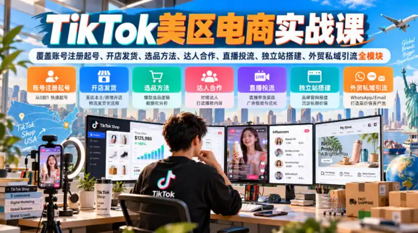 TikTok美区电商实战课，覆盖账号注册起号、开店发货、选品方法、达人合作、直播投流、独立站搭建、外贸私域引流全模块-资源分享