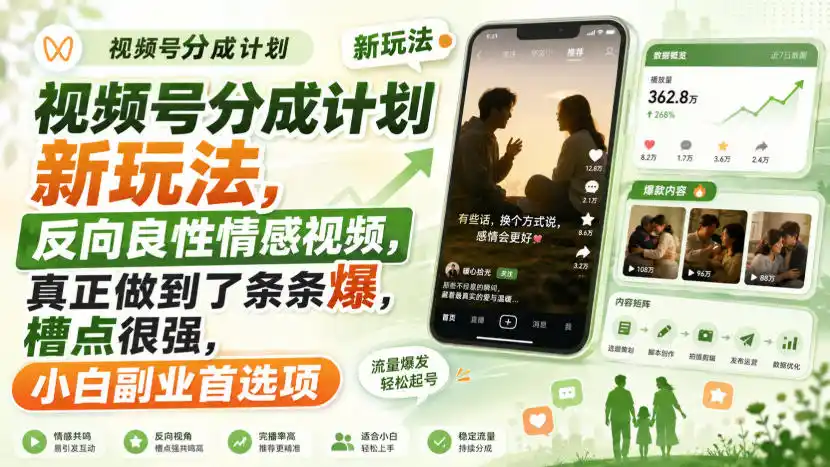 视频号分成计划新玩法，反向良性情感视频，真正做到了条条爆，槽点很强，小白副业首选项-资源分享