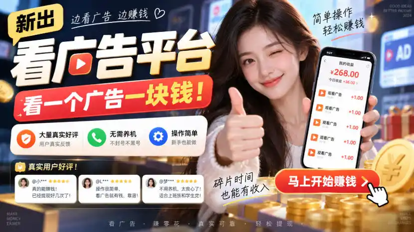 新出看广告平台，看一个广告一块钱，大量真实好评！无需养机、不会黑号，操作简单【揭秘】-资源分享