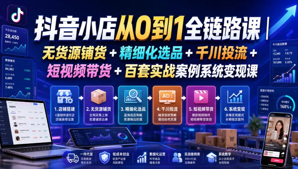 抖音小店从0到1全链路课｜无货源铺货+精细化选品+千川投流+短视频带货+百套实战案例系统变现课(2026年7月更新)-资源分享