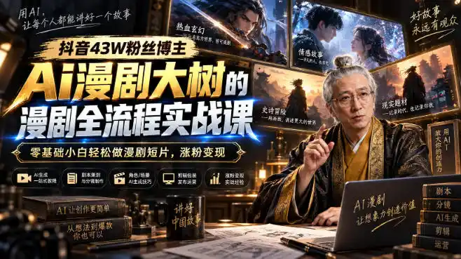抖音43W粉丝博主Ai漫剧大树的漫剧制作全流程实战课，零基础小白轻松做漫剧短片，涨粉变现(更新1027)-资源分享