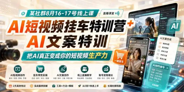 某社群8月16-17号线上课，AI短视频挂车特训营+AI文案特训，把AI真正变成你的短视频生产力-资源分享
