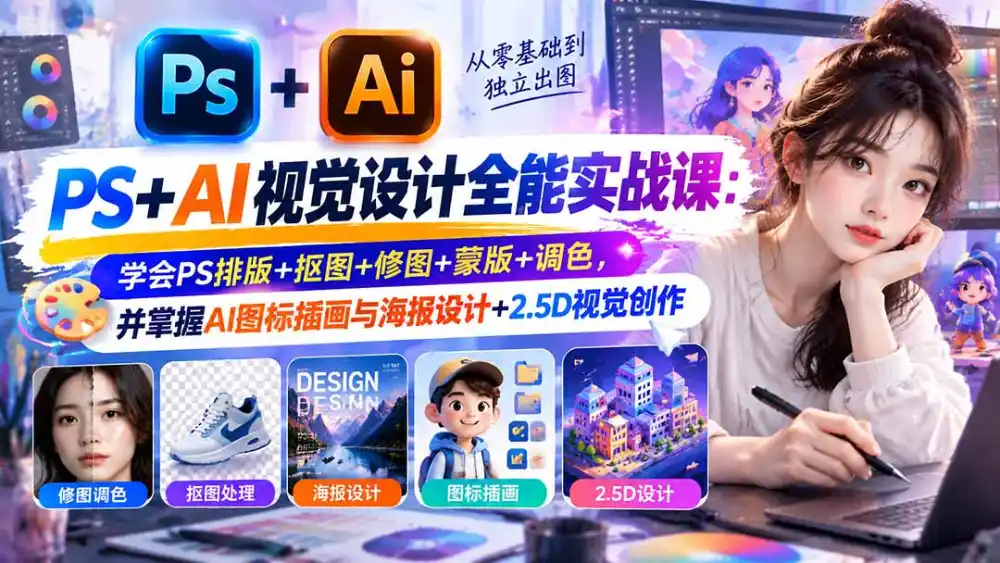 【无水印】PS+AI视觉设计全能实战课：学会PS排版+抠图+修图+蒙版+调色，并掌握AI图标插画与海报设计+2.5D视觉创作-资源分享