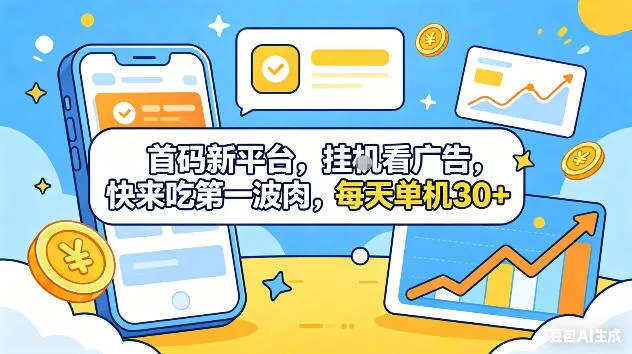 首码新平台，挂G自动看广告，快来吃第一波肉，每天单机30+，可矩阵放大【揭秘】-资源分享