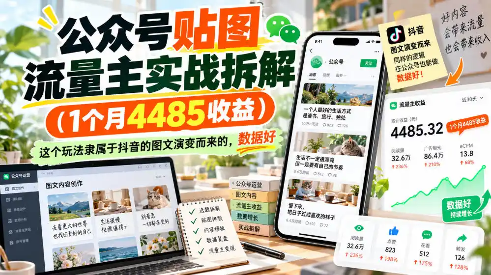 公众号贴图流量主实战拆解(1个月4485收益)，这个玩法隶属于抖音的图文演变而来的，数据好-资源分享