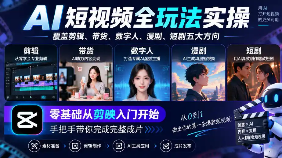 AI短视频全玩法实操，覆盖剪辑、带货、数字人、漫剧、短剧五大方向，零基础从剪映入门开始，手把手带你完成完整成片-资源分享