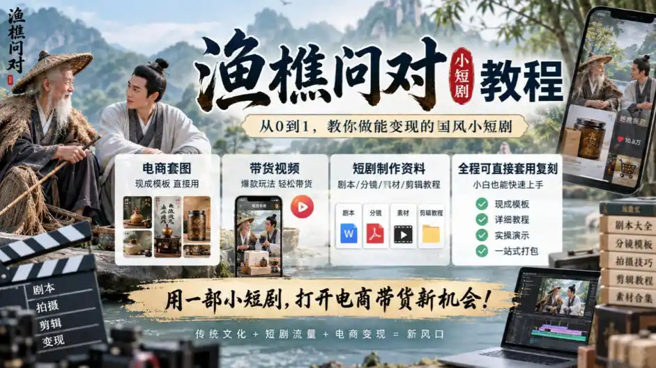 渔樵问对小短剧教程，包含电商套图、带货视频，短剧制作资料，全程可直接套用复刻-资源分享
