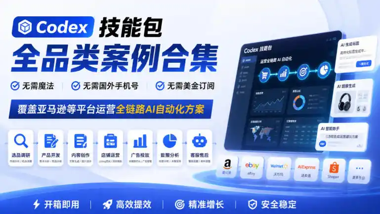 Codex技能包全品类案例合集，无需魔法、无需国外手机号、无需美金订阅，覆盖亚马逊等平台运营全链路AI自动化方案-资源分享