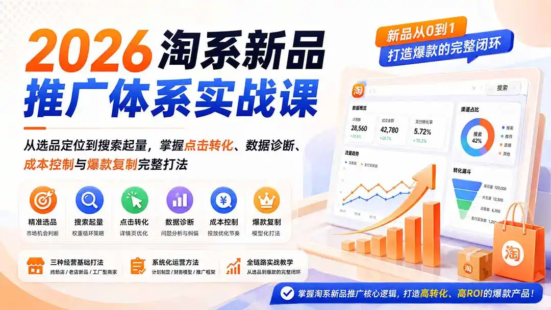 2026淘系新品推广体系实战课：从选品定位到搜索起量，掌握点击转化、数据诊断、成本控制与爆款复制完整打法-资源分享