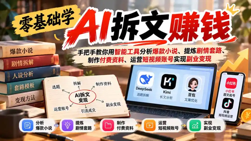 零基础学AI拆文赚钱：手把手教你用智能工具分析爆款小说、提炼剧情套路、制作付费资料、运营短视频账号实现副业变现-资源分享