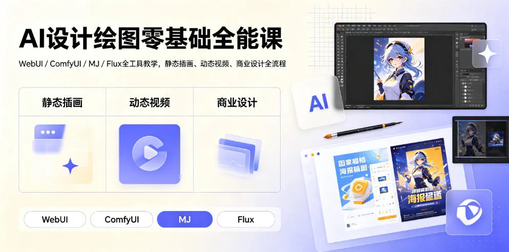 AI设计绘图零基础全能课｜WebUI/ComfyUI/MJ/Flux全工具教学，静态插画、动态视频、商业设计全流程-资源分享