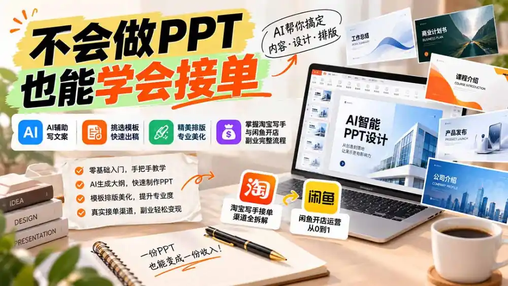 不会做PPT也能学会接单：AI辅助写文案、挑模板、做排版，掌握淘宝写手与闲鱼开店副业完整流程-资源分享