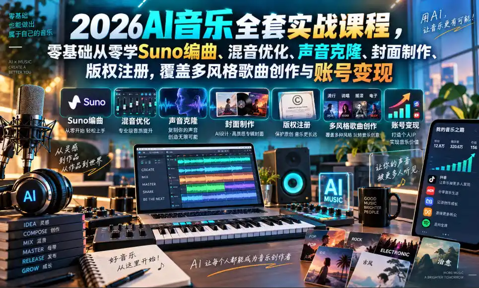 2026AI音乐实战课程，零基础从零学Suno编曲、混音优化、声音克隆、版权注册，覆盖多风格歌曲创作与账号变现-资源分享