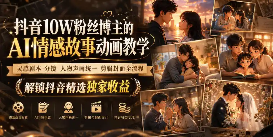 抖音10W粉丝博主的AI情感故事动画教学，灵感剧本‑分镜‑人物声画统一‑剪辑封面全流程，解锁抖音精选独家收益-资源分享