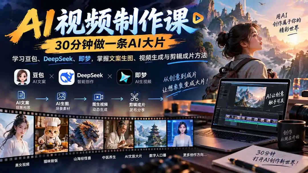 AI视频制作课-30分钟做一条AI大片：学习豆包、DeepSeek、即梦，掌握文案生图、视频生成与剪辑成片方法-资源分享