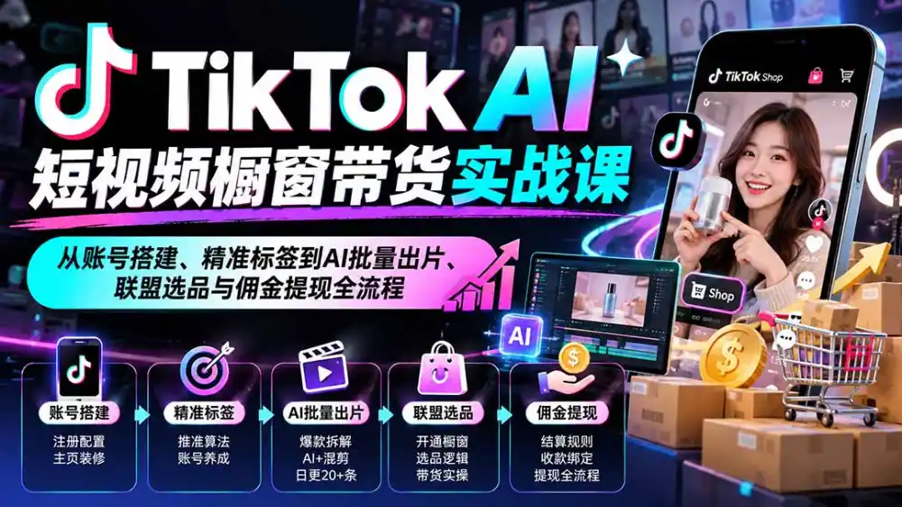 TikTok AI短视频橱窗带货实战课：从账号搭建、精准标签到AI批量出片、联盟选品与佣金提现全流程-资源分享