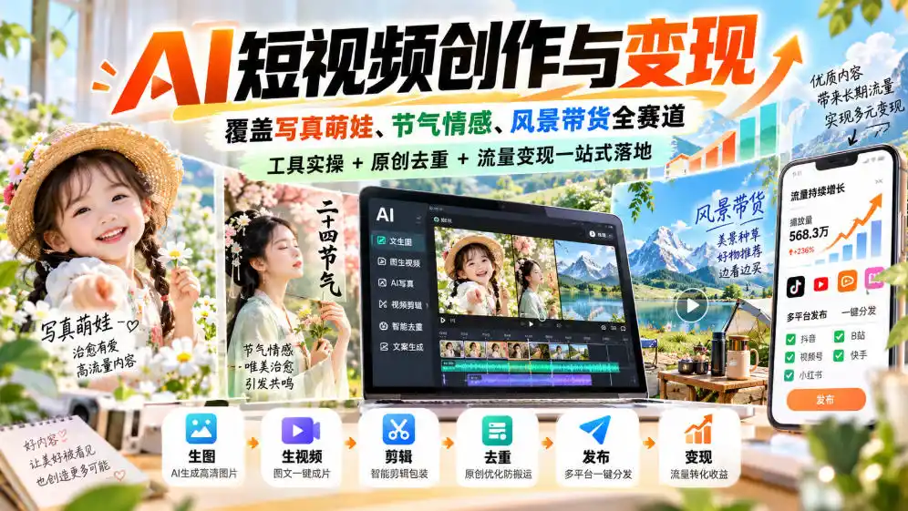 AI短视频创作与变现，覆盖写真萌娃、节气情感、风景带货全赛道，工具实操+原创去重+流量变现一站式落地-资源分享