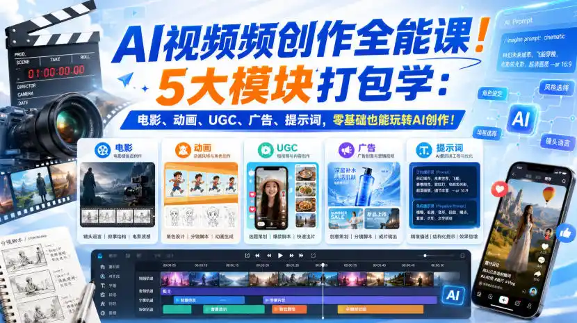 AI视频频创作全能课！5大模块打包学：电影、动画、UGC、广告、提示词，零基础也能玩转AI创作！【原创双语字幕】-资源分享