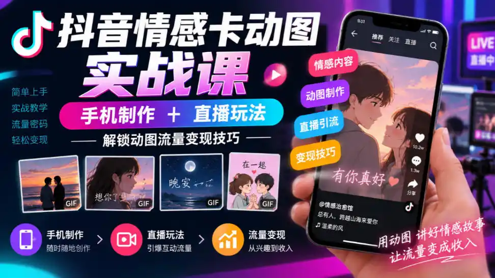 抖音情感卡动图实战课｜手机制作+直播玩法，解锁动图流量变现技巧-资源分享