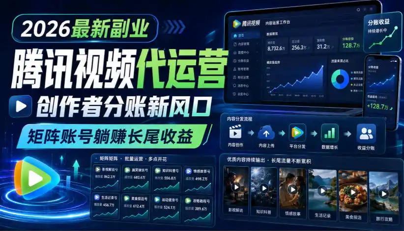 2026最新副业之腾讯视频代运营：创作者分账新风口，矩阵账号躺賺长尾收益【揭秘】-资源分享