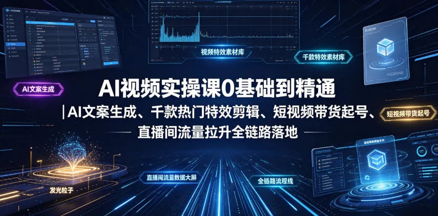 AI视频实操课0基础到精通｜AI文案生成、千款热门特效剪辑、短视频带货起号、直播间流量拉升全链路落地-资源分享