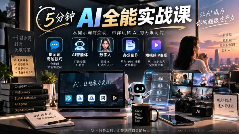 5分钟AI全能实战课｜提示词高阶技巧+AI智能体+数字人+办公创作+短视频IP变现全教程-资源分享