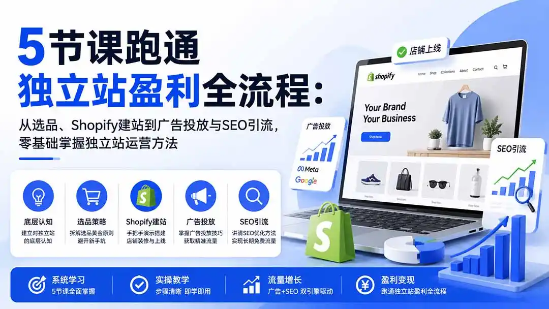 5节课跑通独立站盈利全流程：从选品、Shopify建站到广告投放与SEO引流，零基础掌握独立站运营方法-资源分享