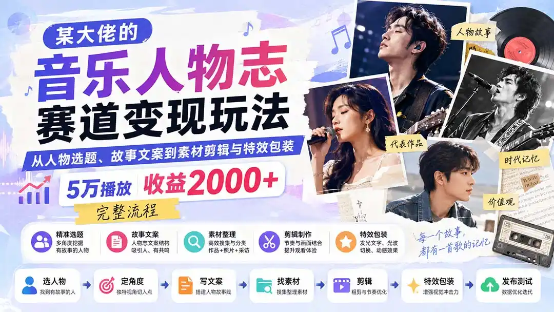 某大佬的音乐人物志赛道变现玩法：从人物选题、故事文案到素材剪辑与特效包装，5万播放收益2000+完整流程-资源分享