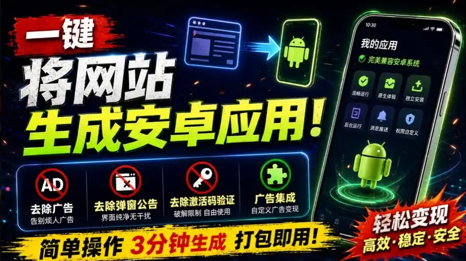 目前最好用,一键将网站生成安卓应用!支持去除广告、弹窗公告、激活码验证、广告集成等web-to-app