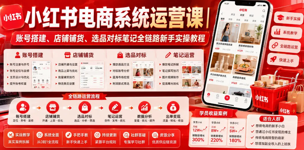 小红书电商系统运营课｜账号搭建、店铺铺货、选品对标笔记全链路新手实操教程-资源分享