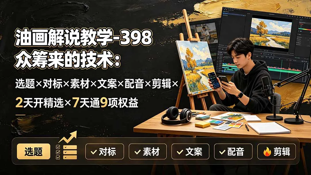 油画解说教学-398众筹来的技术：选题×对标×素材×文案×配音×剪辑×2天开精选×7天通9项权益-资源分享