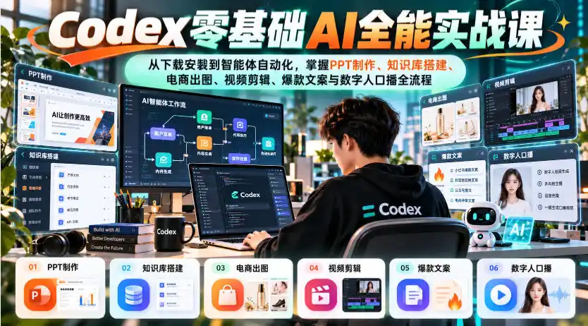 Codex零基础AI全能实战课：从下载安装到智能体自动化，掌握知识库搭建、电商出图、视频剪辑、爆款文案与数字人口播全流程-资源分享