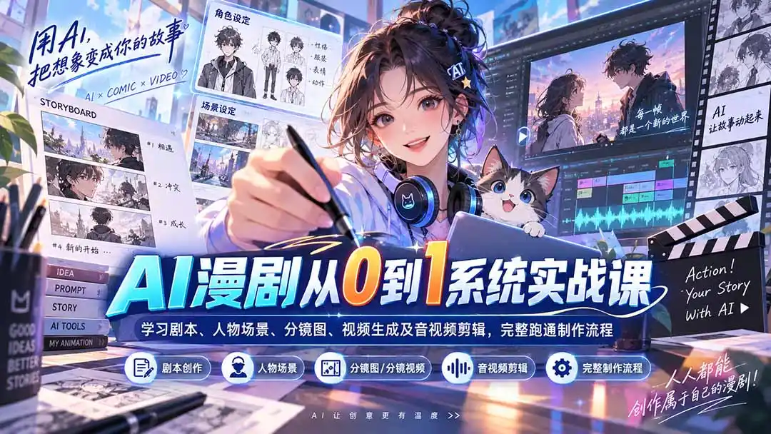 AI漫剧从0到1系统实战课：学习剧本、人物场景、分镜图、视频生成及音视频剪辑，完整跑通制作流程-资源分享