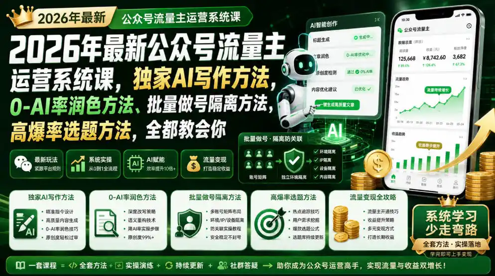 2026年最新公众号流量主运营系统课，独家AI写作方法，0-AI率润色方法、批量做号隔离方法、高爆率选题方法，全都教会你(更新1009)-资源分享