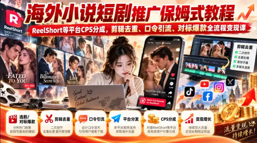海外小说短剧推广保姆式教程｜ReelShort等平台CPS分成，剪辑去重、口令引流、对标爆款全流程变现课-资源分享