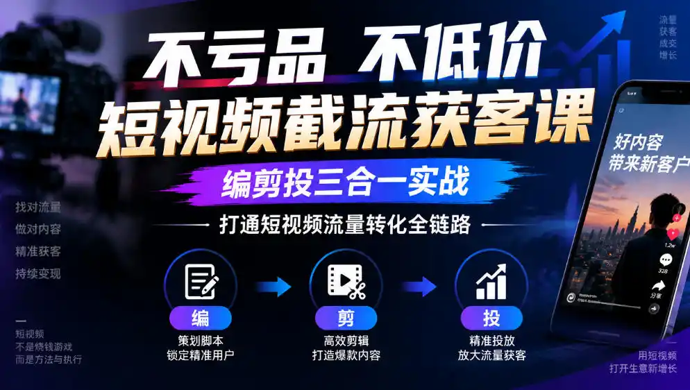 不亏品不低价短视频截流获客课，编剪投三合一实战，打通短视频流量转化全链路-资源分享