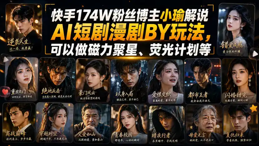 快手174W粉丝博主小瑜解说AI短剧漫剧搬运玩法，可以做磁力聚星、荧光计划等-资源分享