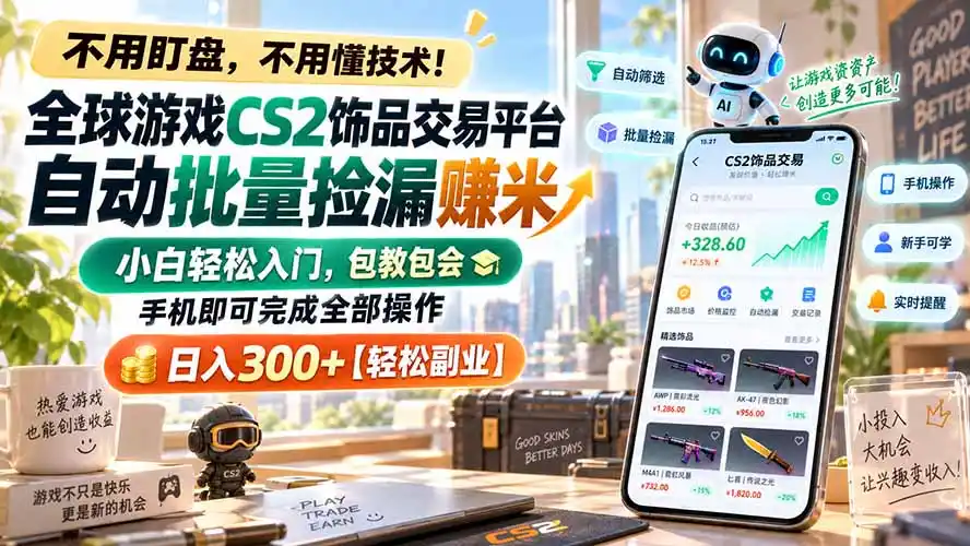 全球游戏CS2饰品交易平台自动批量捡漏赚米，小白轻松入门，包教包会，手机即可完成全部操作，日入300+【轻松副业】-资源分享