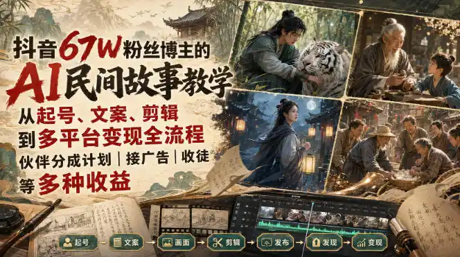 抖音67W粉丝博主的AI民间故事教学，从起号、文案、剪辑到多平台变现全流程，伙伴分成计划接广告等多种收益，月入1W+-资源分享