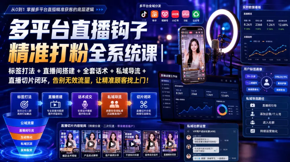 多平台直播钩子精准打粉全系统课｜标签打法+直播间搭建+全套话术+私域导流+直播切片闭环，告别无效流量，让精准顾客找上门！-资源分享