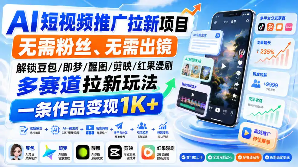 AI短视频推广拉新项目，无需粉丝、无需出镜，解锁豆包/即梦/醒图/剪映/红果漫剧多赛道拉新玩法，一条作品变现1K+-资源分享