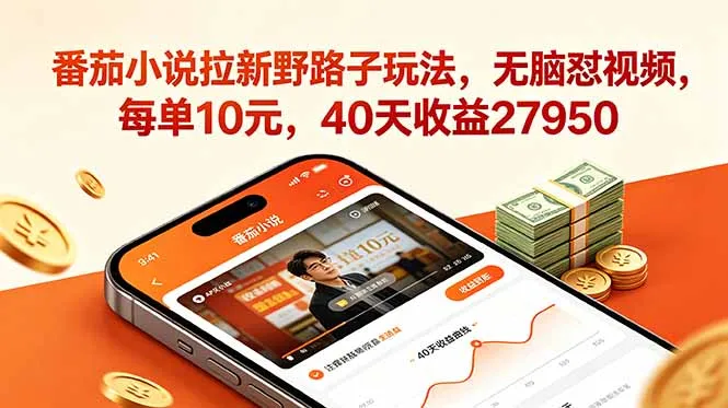 番茄小说拉新野路子玩法，无脑怼视频，每单10元，40天收益27950-资源分享